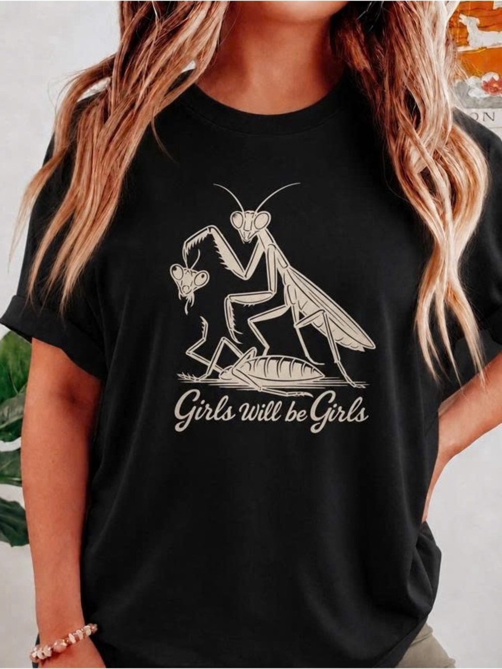 Black Tee with Cream Praying Mantis Graphic - Girls Will Be Girls